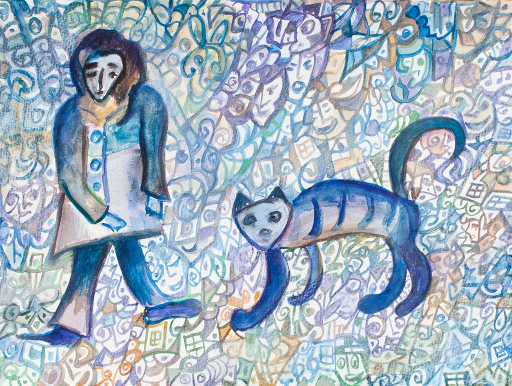 Painting "Cat and wanderer", painted by Elena Birkenwald in 2007