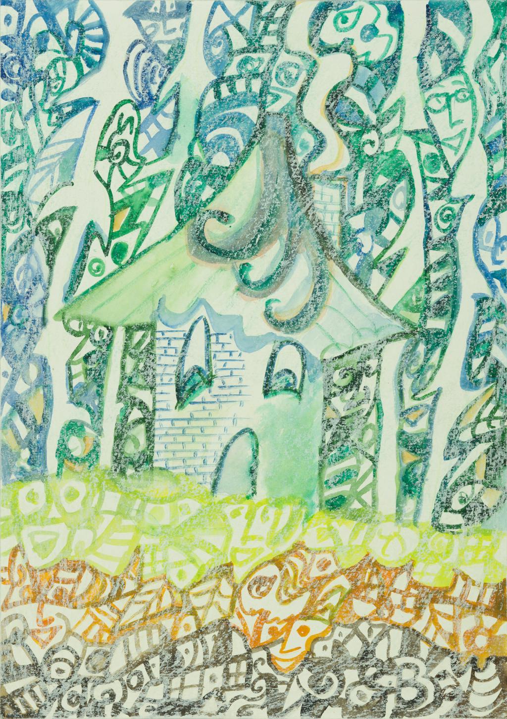 Painting "House, sleeping in forest", painted by Elena Birkenwald in 2016